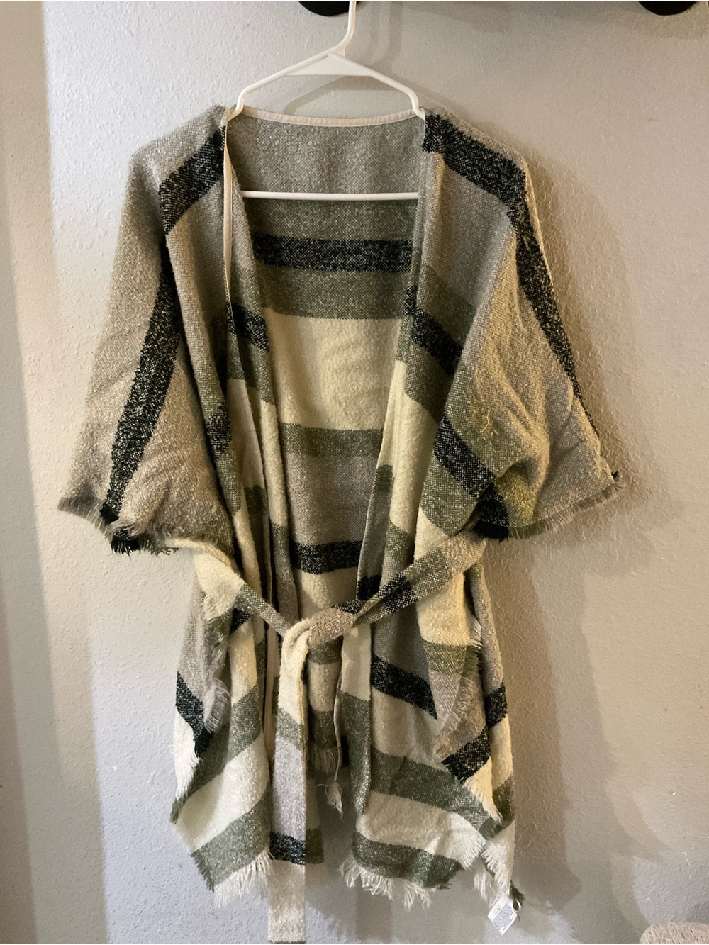 Lucky Brand Olive & Cream Striped overlap pancho
